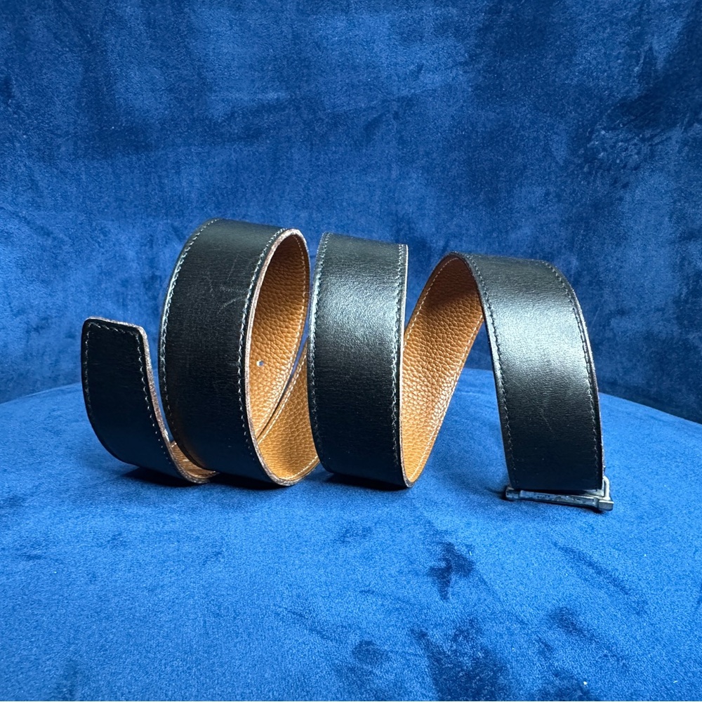 Hermes SILVER Buckle H Belt Black Black Tan Leather Strap 32 mm Width Size 95 Cm - Picture 2 of 16